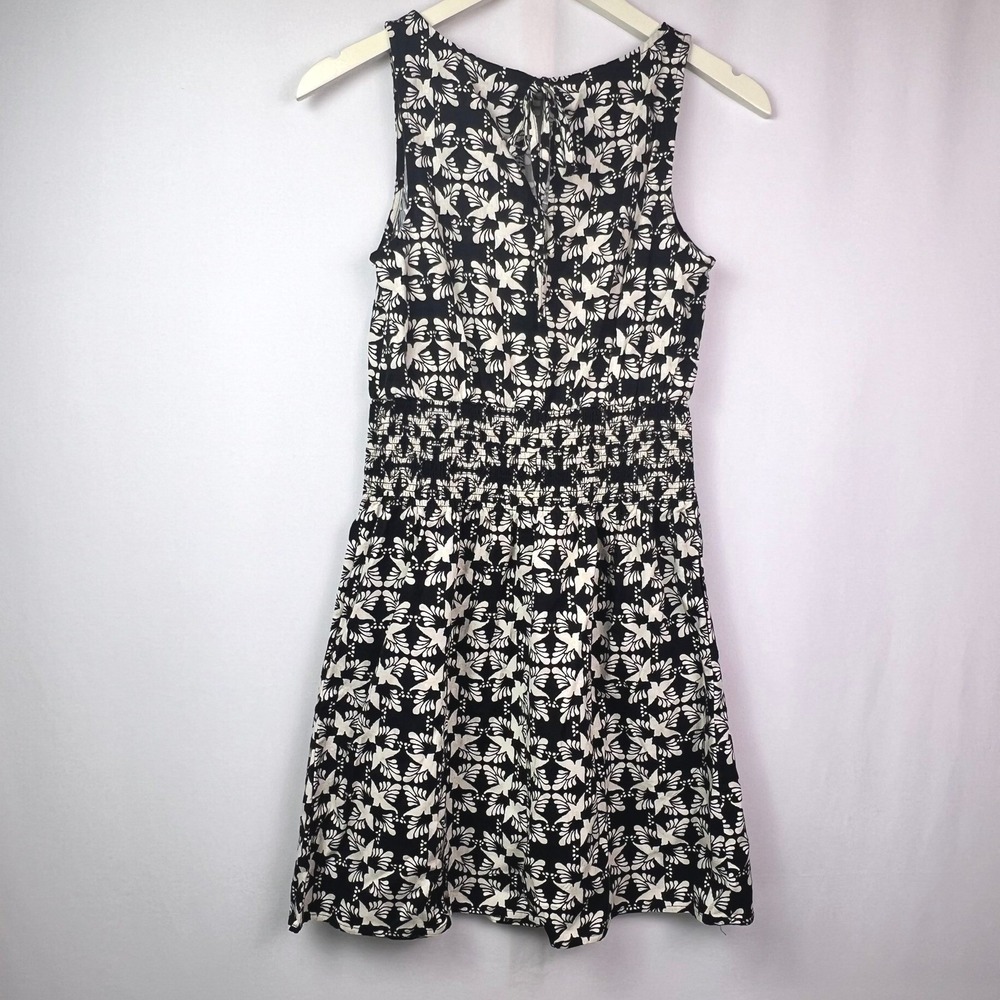 Universal Thread Womens XS Black White Bird Print Smocked Waist Mini Dress New